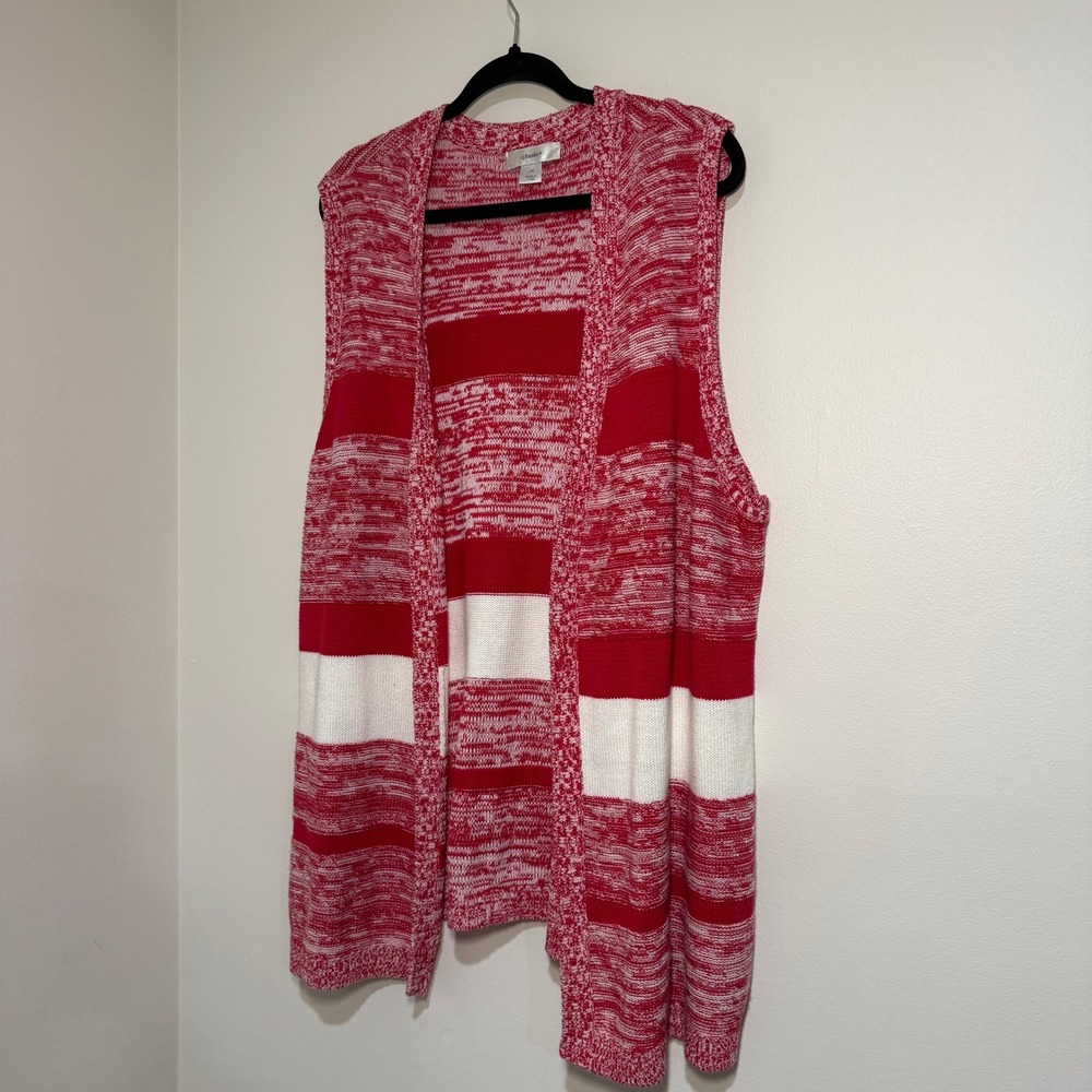 CJ Banks Womens 2X Red White Striped Open Front Marled Knit Cardigan Vest